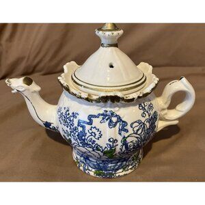Vintage Victorian Teapot Blue/green Floral Gold Trim Bird Spout 6” Tall
